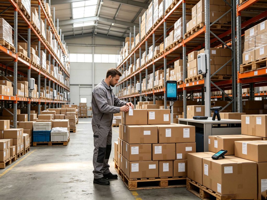 What Is an RFID Label: Understanding Smart Identification Labels 1 Worker applying RFID labels to products in a European warehouse inventory system