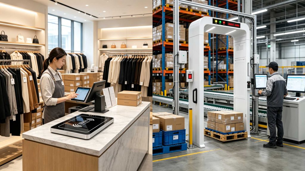RFID antenna systems used for retail checkout and industrial warehouse tracking