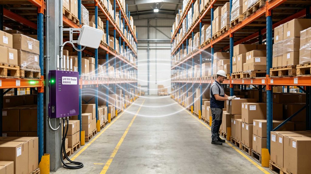 Passive RFID tag receiving RF energy from a reader in a European warehouse