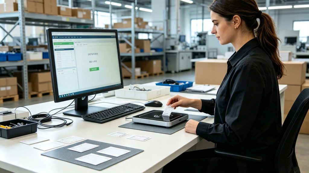 UHF RFID reader programming a rewritable RFID tag on a professional workstation