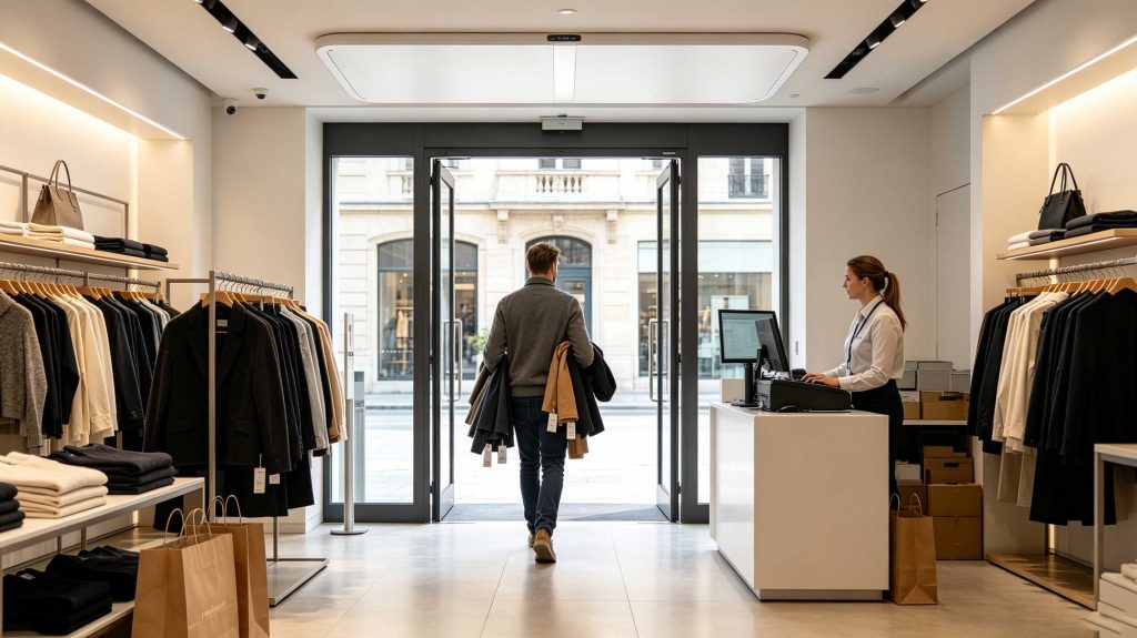 RFID security tags being detected at a retail store exit by an RFID reader system