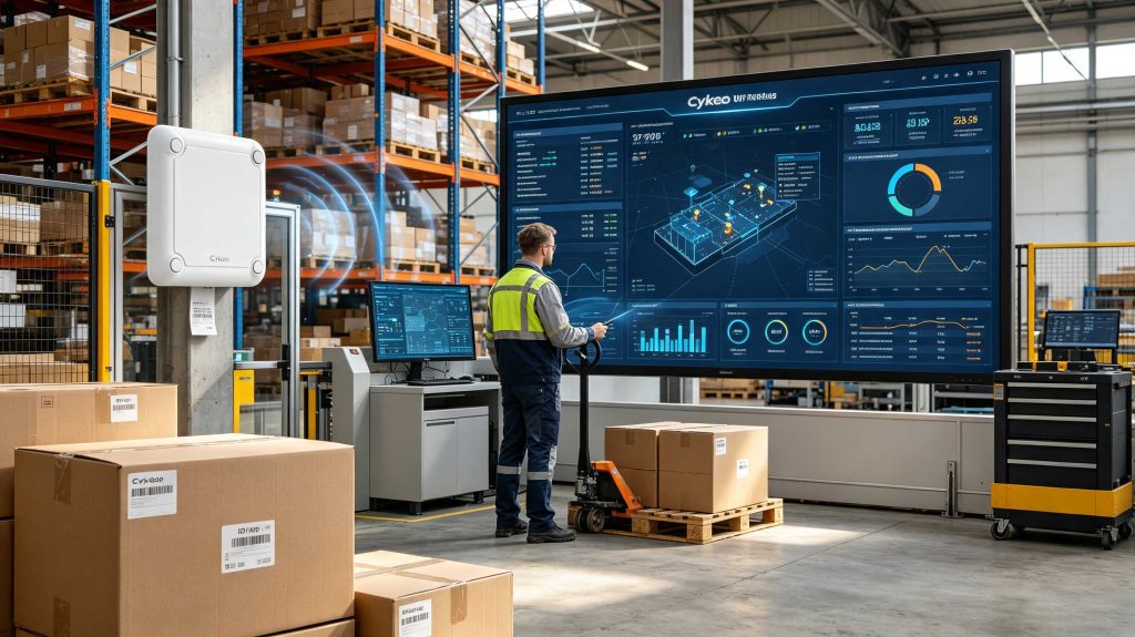 RFID system architecture with tags, readers, cloud platform, and inventory management database