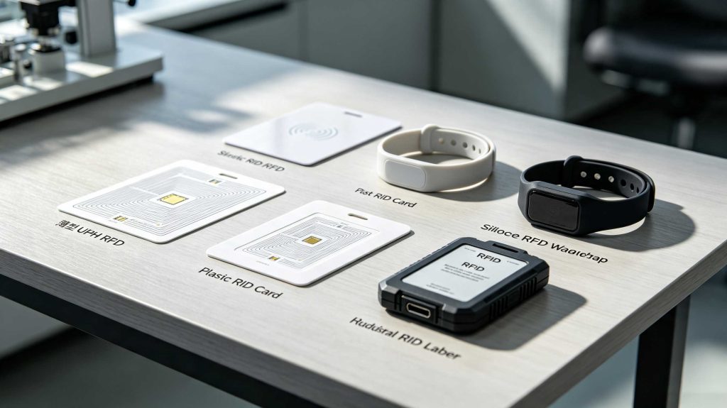 Various RFID tags showing label tags, RFID cards, wristbands, and industrial RFID tags