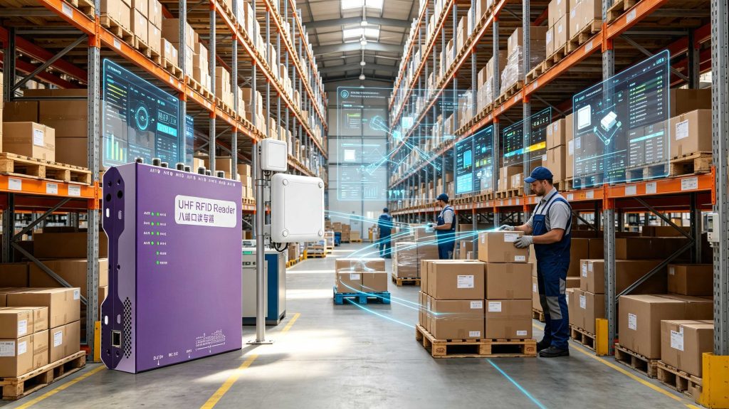 How to Use RFID: Complete Guide for Real-World RFID Applications 2 Cykeo RFID reader scanning tagged products for automated warehouse inventory management