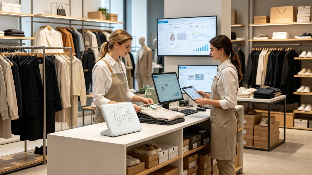 How to Read RFID Tags: Professional RFID Tag Reading Guide 1 RFID reader identifying multiple tagged products in a modern European retail store