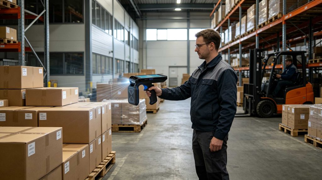 RFID scanner reading multiple RFID tagged products in a modern European warehouse