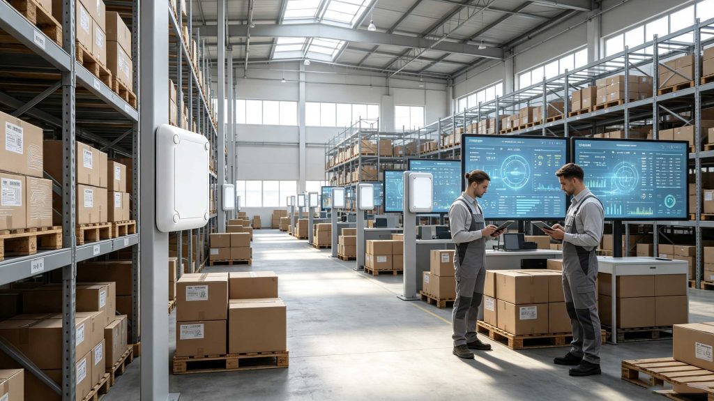 Warehouse products with RFID tags tracked by an automated RFID inventory system