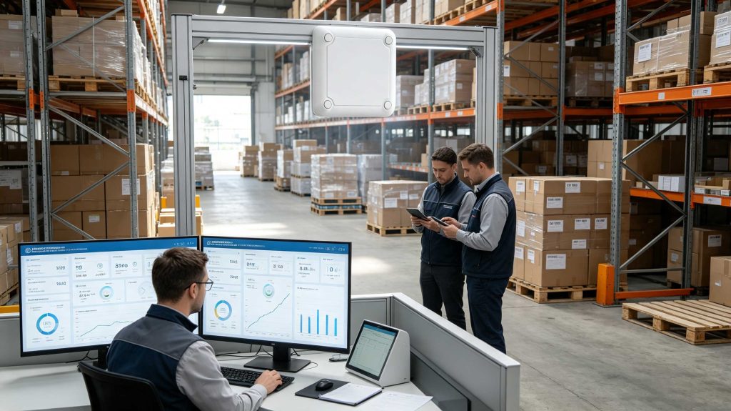 RFID inventory management dashboard displaying real-time stock information from tagged products in a smart warehouse