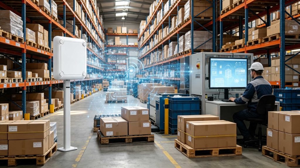 How RFID Technology Works: Complete Guide to RFID Identification Systems 1 RFID reader communicating wirelessly with RFID tags to identify products automatically