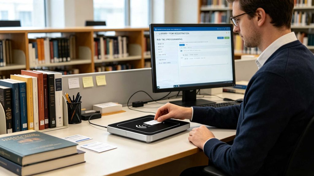 Can RFID Tags Be Reprogrammed? A Practical Guide to RFID Tag Writing 1 RFID desktop reader programming a UHF RFID tag at a European library registration workstation
