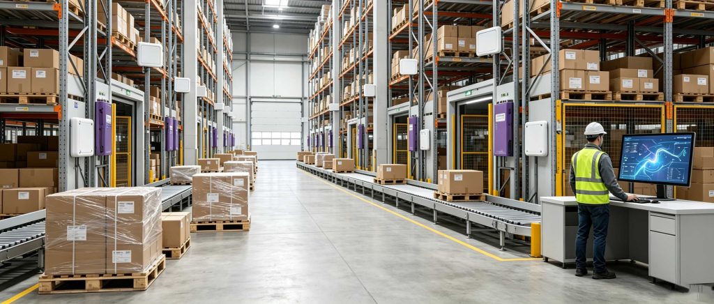 How RFID Work: Understanding RFID Technology and Identification Process 2 Fixed RFID readers automatically identifying tagged products in a European warehouse