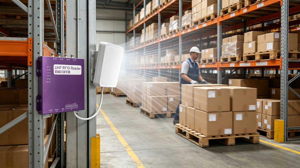 UHF RFID antenna reading tagged cartons in a European warehouse