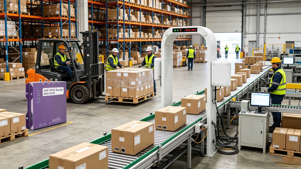 UHF RFID readers tracking pallets and cartons in a European logistics distribution center