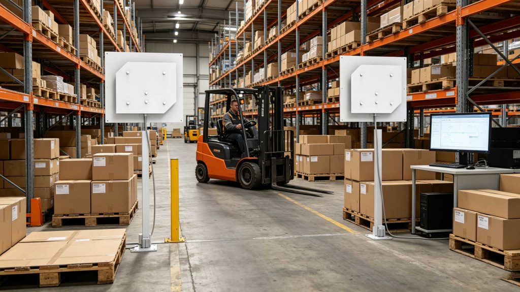 Fixed UHF RFID reader detecting tagged pallets in a European warehouse
