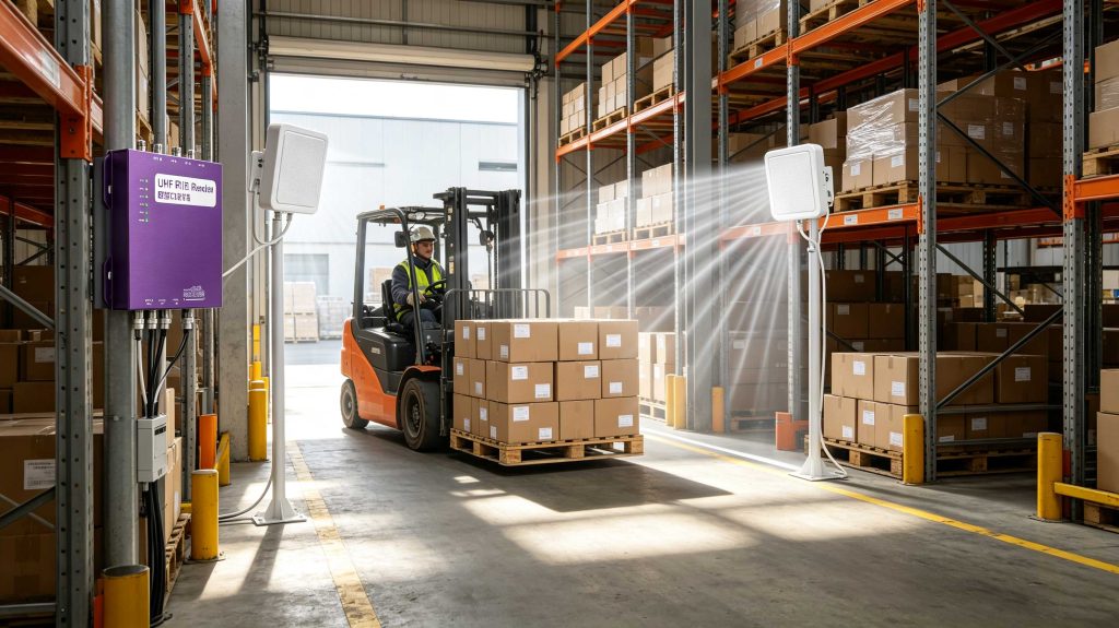 Industrial UHF RFID antennas reading tagged pallets in a European warehouse