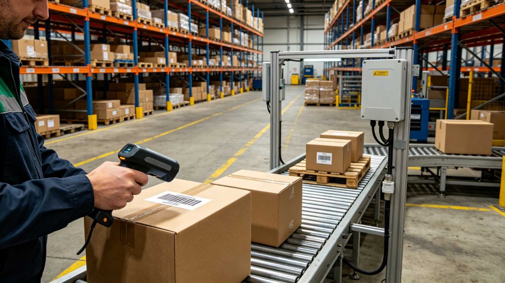 Warehouse worker using barcode scanner beside RFID-tagged cartons
