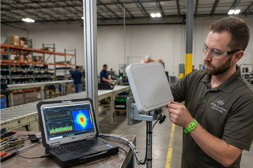 RFID Antenna Installation Guide: How Placement Affects Reading Performance and System Accuracy 2 Engineer adjusting RFID antenna angle to improve reading performance