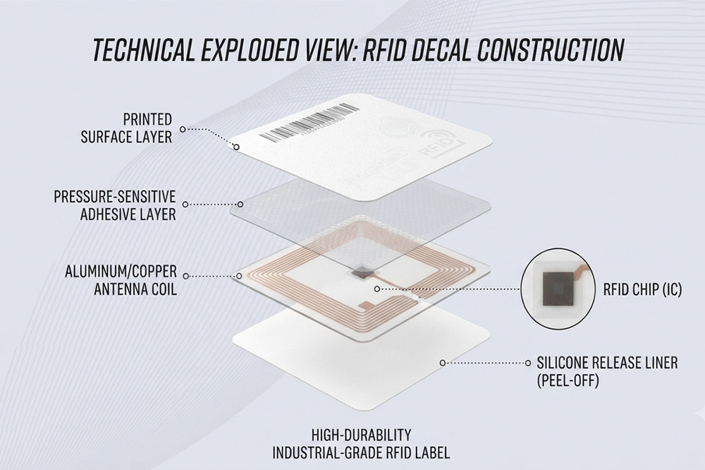 How to Know If Your Decal Has RFID: A Practical Guide for Businesses and Buyers 1 Exploded structure showing RFID chip and antenna inside an RFID decal