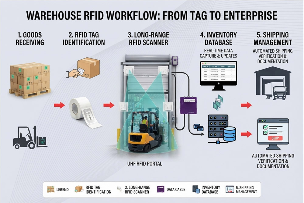 Warehouse RFID inventory tracking workflow using long range RFID scanner