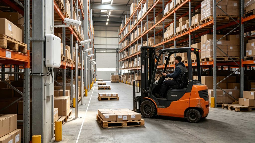 Fixed UHF RFID reader detecting pallet tags several meters away in a warehouse