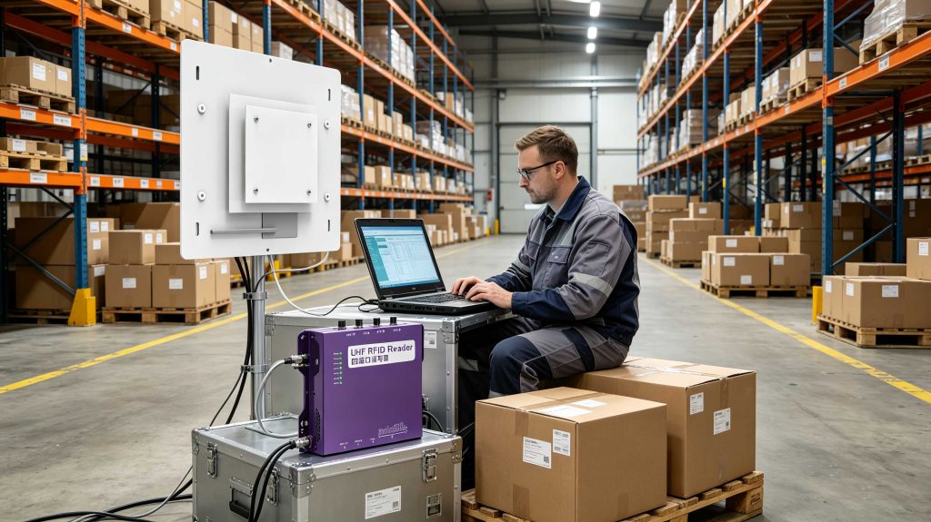 How Far Away Can RFID Chips Be Read? 2 Engineer testing RFID chip read distance at different tag orientations in a European warehouse