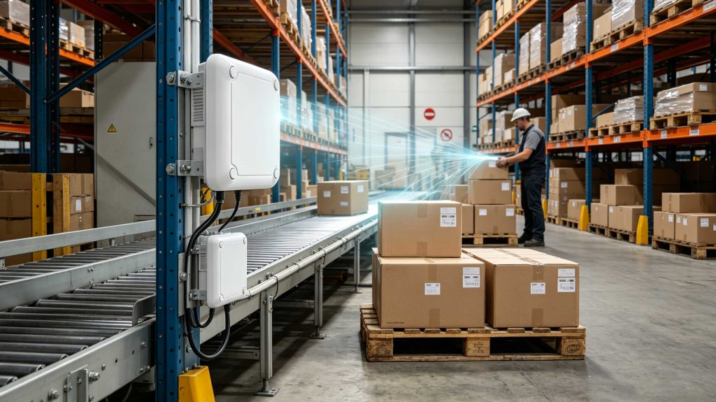UHF RFID reader communicating with passive RFID tags on boxes in a European warehouse