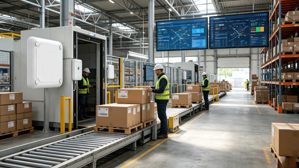 industrial RFID reader collecting tagged product data in a smart warehouse