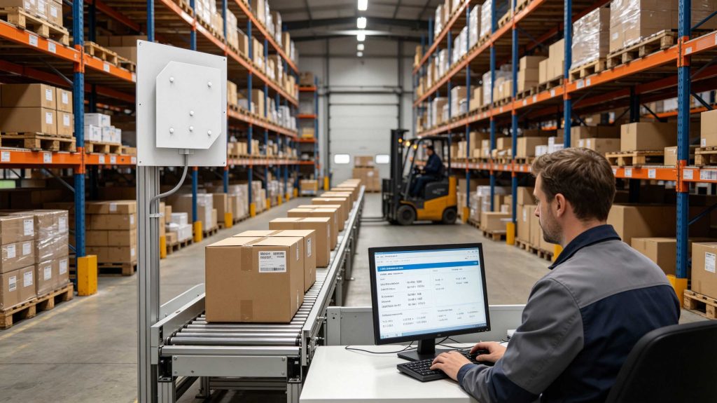 UHF RFID reader detecting tagged cartons across a warehouse aisle