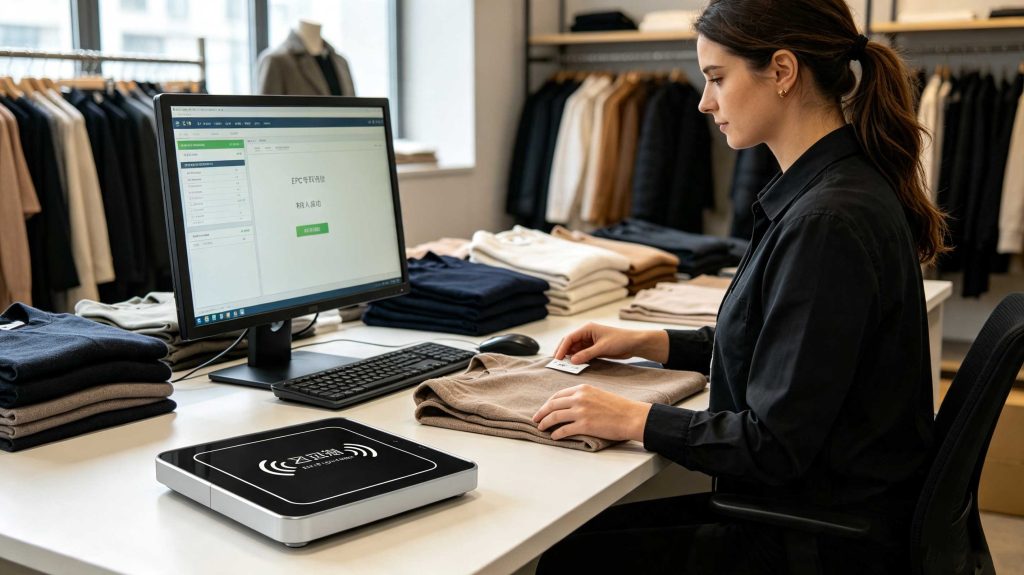 Operator verifying rewritten RFID tags at a retail RFID workstation