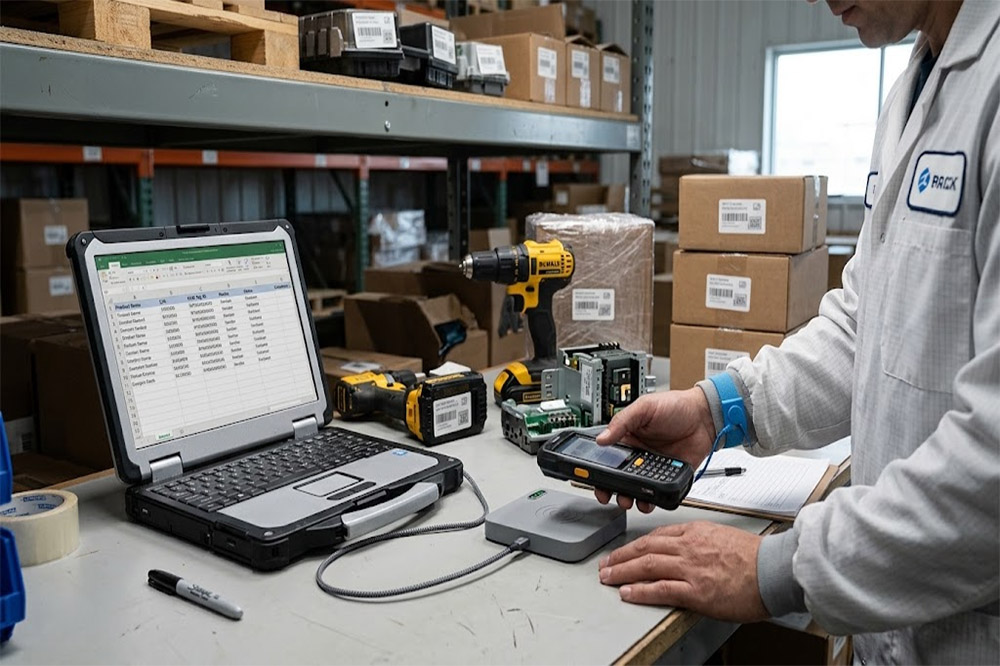 USB RFID Tag Reader for Inventory and Asset Tracking 2 USB RFID reader identifying tagged products during inventory management