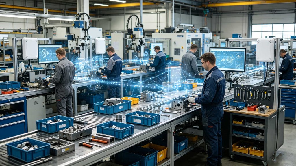 Industrial RFID system tracking components and equipment inside a smart factory