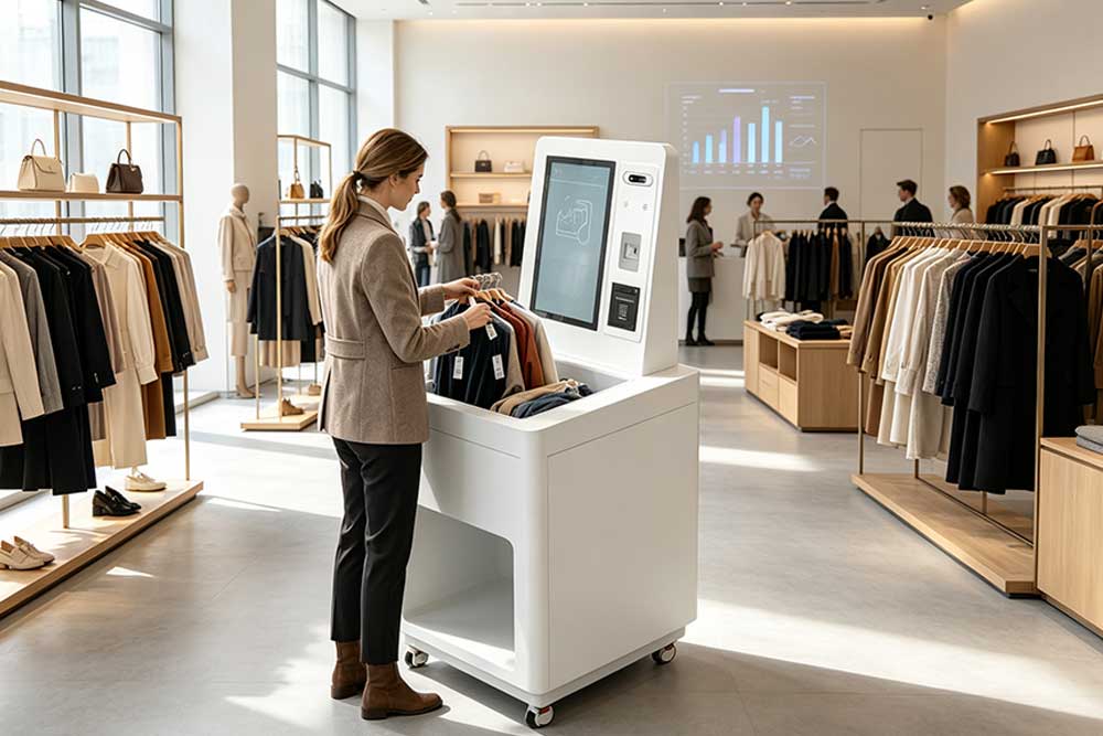 How to Choose RFID Solution for Retail Operations: Smart Store RFID Checkout and Automation Guide 1 Customer using RFID smart checkout terminal in a European clothing store