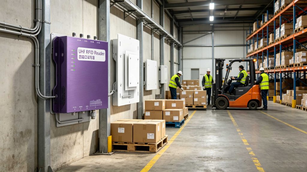 How Far Away Can RFID Chips Be Read? 1 Fixed UHF RFID reader detecting tagged cartons several meters away in a European warehouse