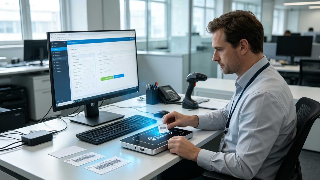 Operator programming UHF RFID tags with a desktop RFID reader writer