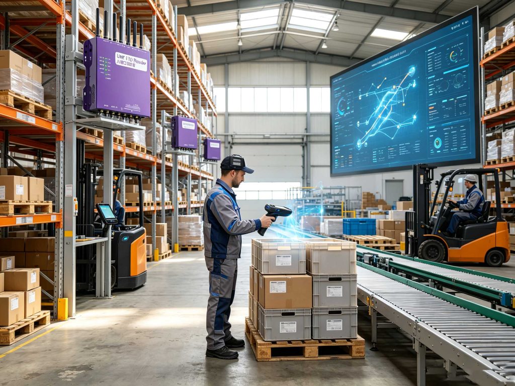 UHF RFID reader tracking tagged inventory in a European warehouse