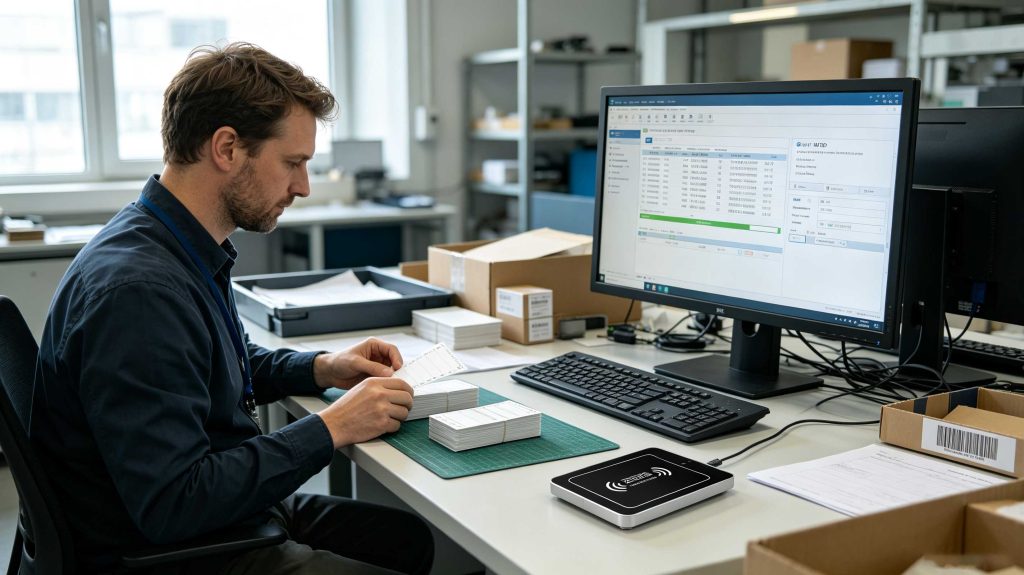 Technician batch programming RFID labels with a desktop RFID reader in a European facility