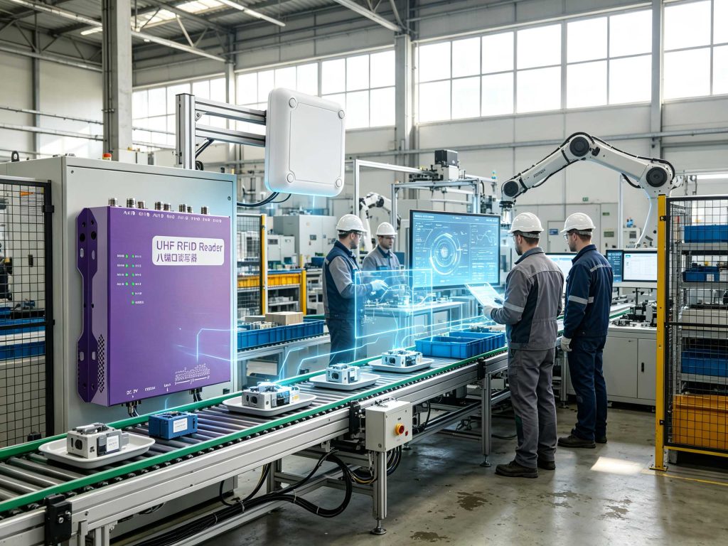 How RFID Work: Understanding RFID Technology and Identification Process 1 UHF RFID reader communicating with tagged products in a European smart factory