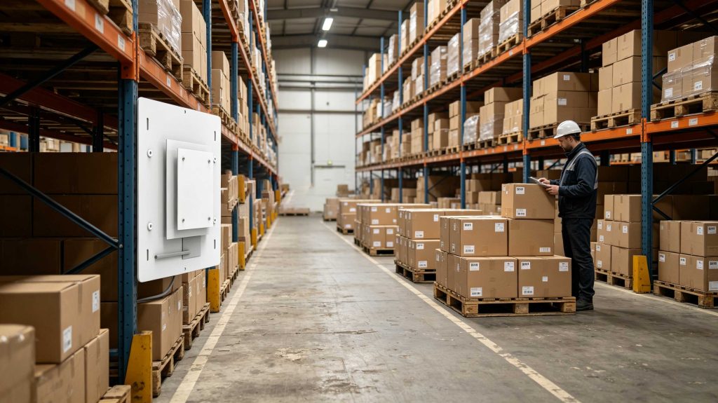 UHF RFID reader detecting tagged cartons several meters away in a warehouse aisle