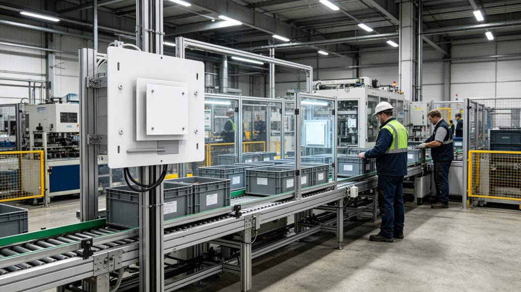 Fixed UHF RFID reader scanning tagged containers as they move through a European manufacturing line