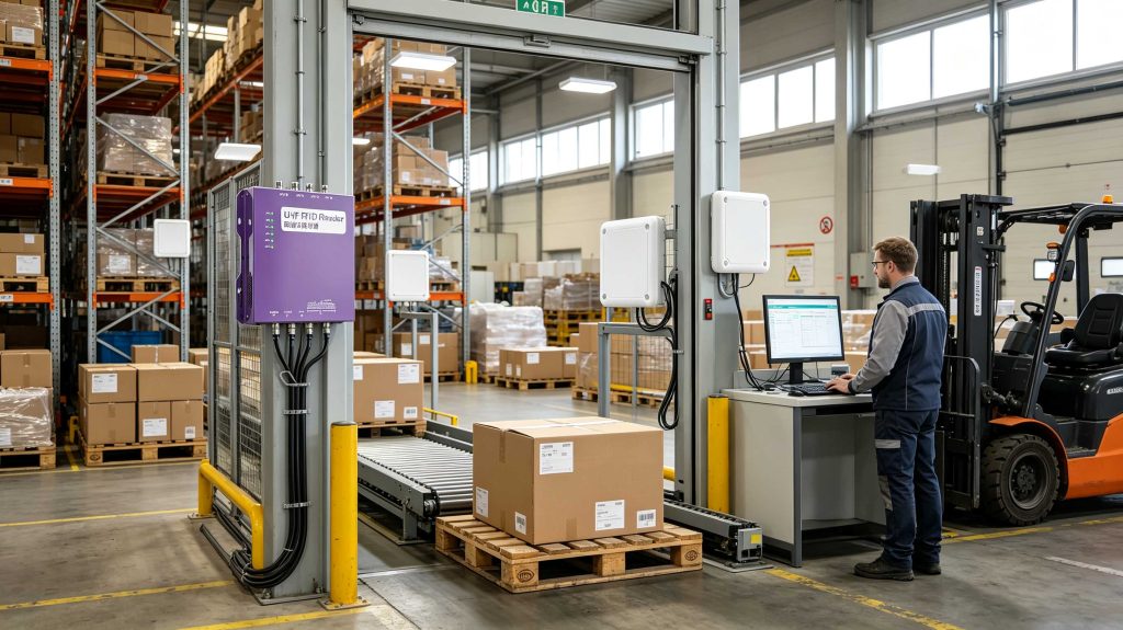 Fixed UHF RFID reader communicating with passive RFID tags in a European warehouse