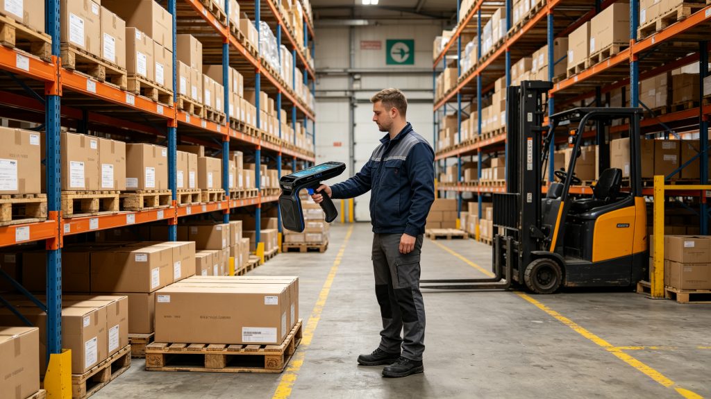 How Does RFID Scanner Work? 1 Warehouse worker using a handheld UHF RFID scanner to identify tagged cartons on storage racks
