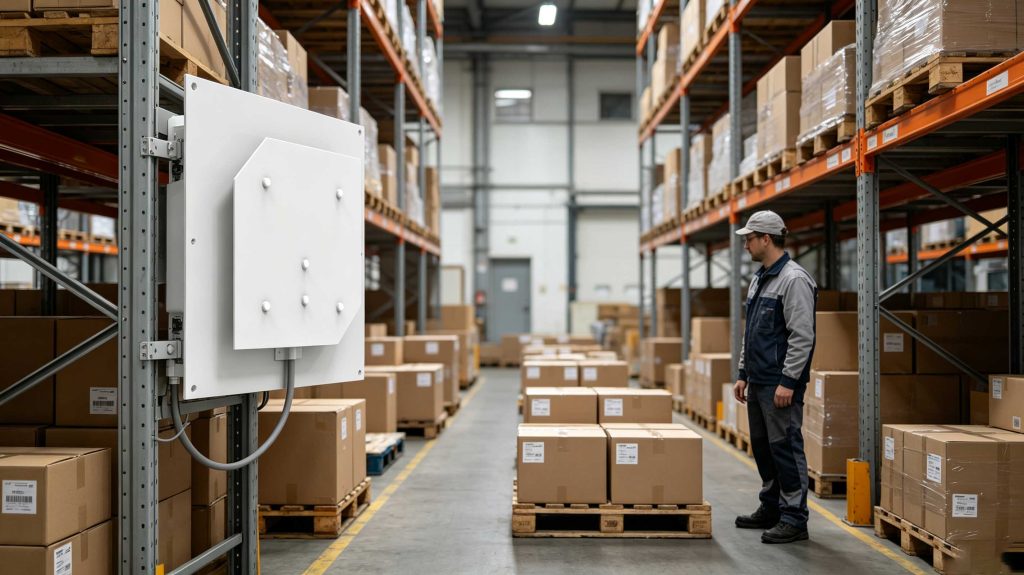 Passive UHF RFID tag being read several meters away in a European warehouse