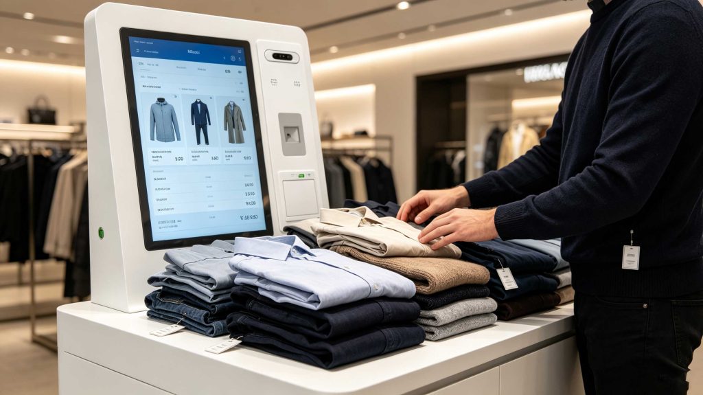 How Does UNIQLO RFID Work? 2 Multiple RFID-tagged clothing items being identified at an apparel self-checkout station
