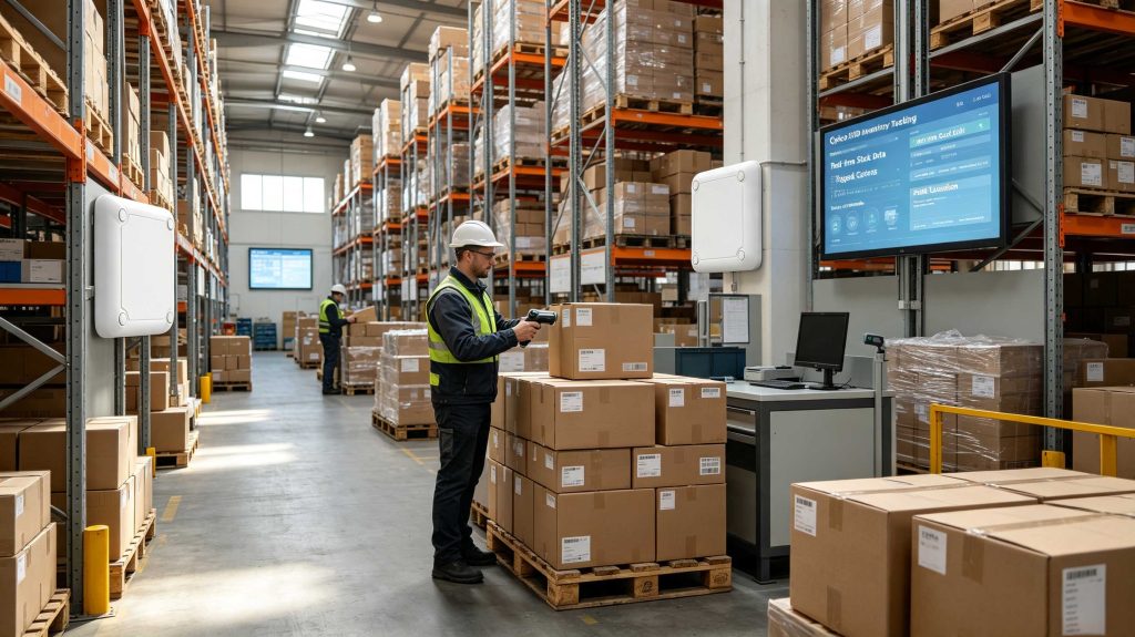 How to Use RFID for Inventory Tracking: A Practical Guide to Smarter Stock Management 1 Warehouse worker using RFID reader to track inventory items with Cykeo RFID technology