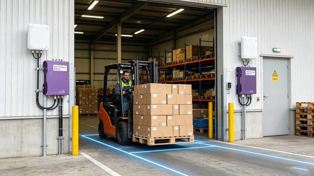 Fixed UHF RFID reader identifying tagged pallets at a European warehouse receiving dock
