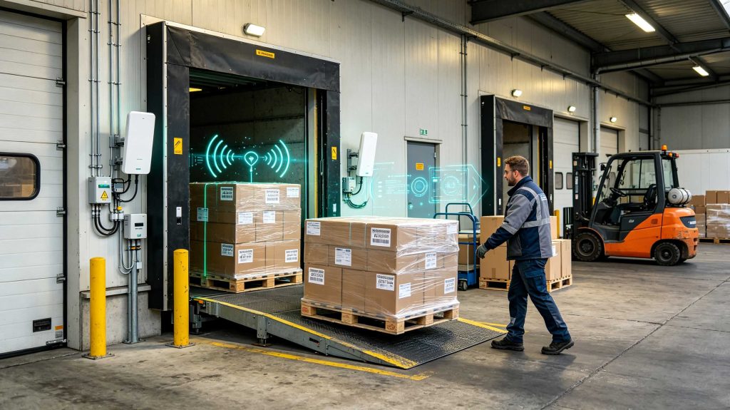 RFID reader detecting tagged pallets at a European warehouse shipping dock