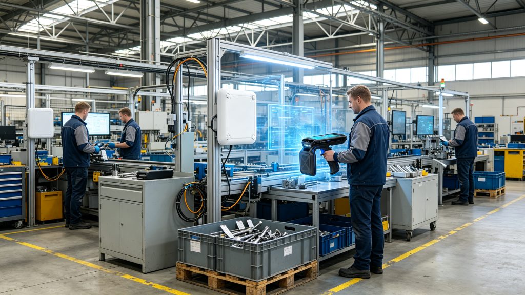 How Does RFID Look Like? 2 Rugged UHF RFID tags attached to industrial tools and containers beside a fixed RFID reader in a European factory