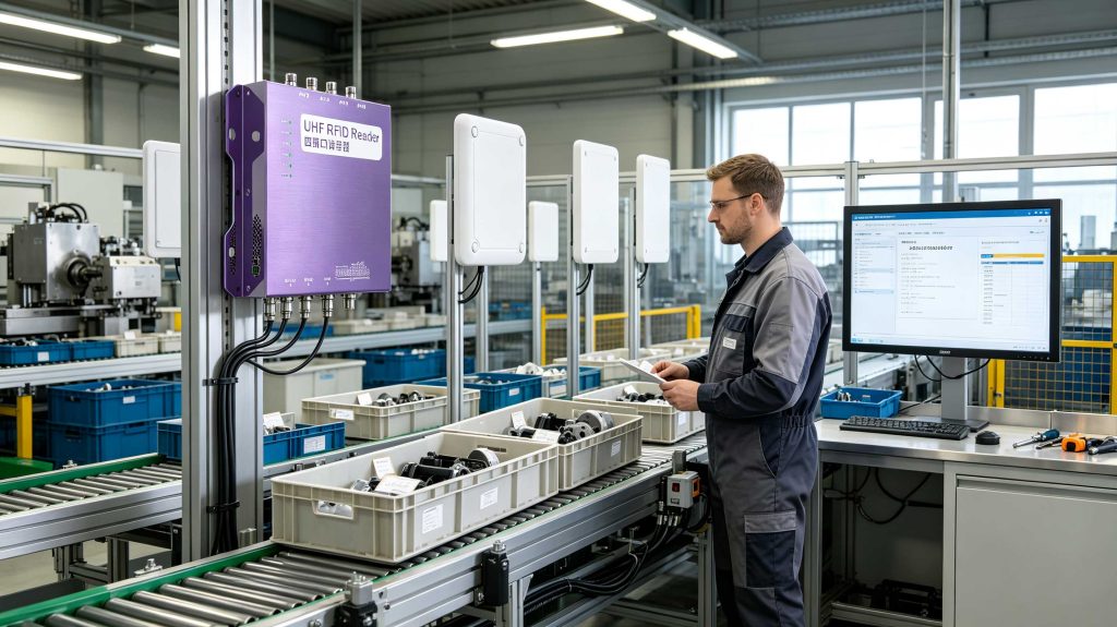 RFID reader identifying tagged components on a European manufacturing line