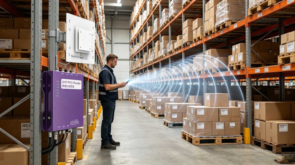 Fixed UHF RFID reader detecting passive RFID tags across a warehouse aisle