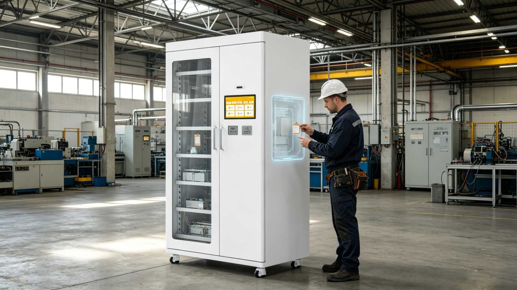 UHF RFID reader attempting to identify a tag inside a steel industrial enclosure